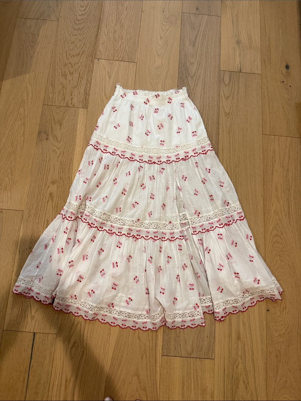 Loveshackfancy White, red and Pink Tiered Maxi Skirt cherry’s and bows size XS